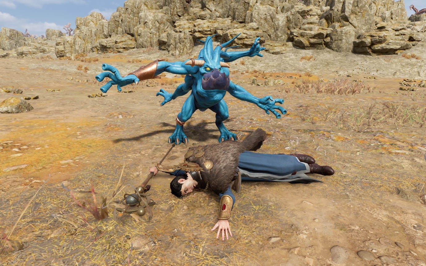 Im Fotomodus des Level-Editors von Warhammer Age Of Sigmar: Realms Of Ruin liegt Ihr Meisterzauberwirker tot zu Füßen eines Tzeentch-Dieners.